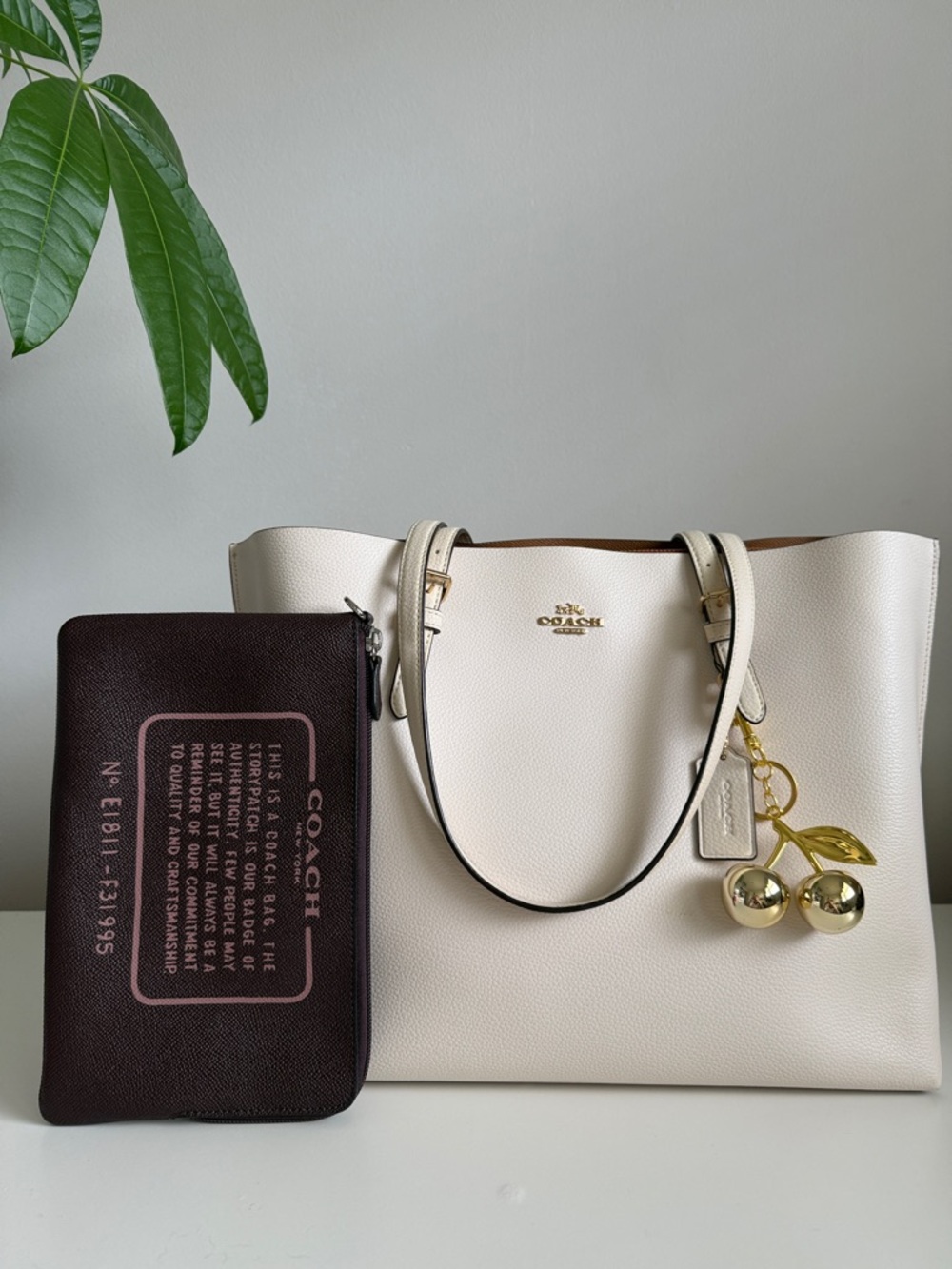 COACH Cream Leather Mollie Tote Bag with Cherry Charm and Coach pouch